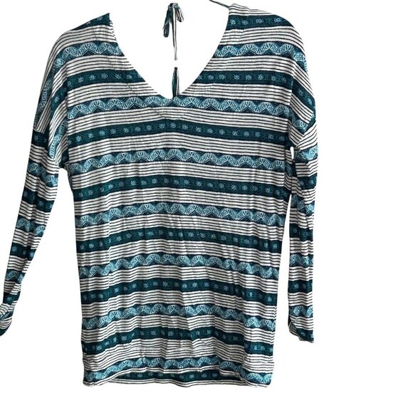 Lucky Brand Boho Striped V Neck Tie Back Long Sleeve Tee Size Small - Picture 2 of 7